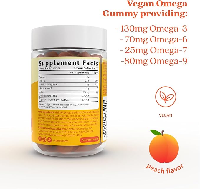 BeLive Organic Omega 3 Gummies - 60 Ct I Vegan Omegas 3 6 7 & 9 from Flaxseed Oil & Sea Buckthorn Fruit Oil, for Kids & Adults, Full Body, Brain & Eye Support, Sugar Free – Peach Flavor