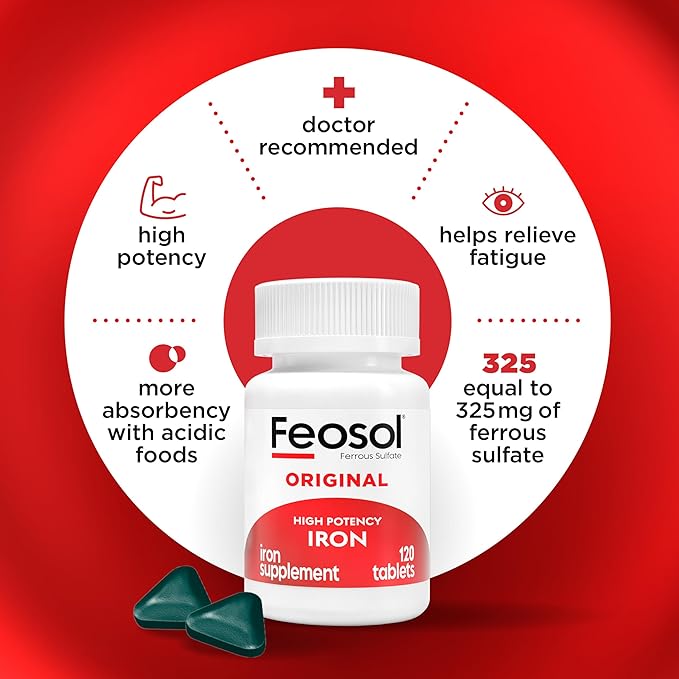 Feosol Original Iron Supplement Tablets, Non-heme, 65mg Iron per Pill, 1 Per Day, 120ct, 4 Month Supply, for Energy and Immune System Support, Made in USA