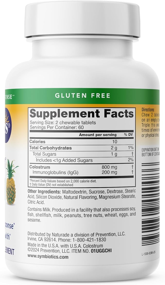 Symbiotics Naturade Colostrum Chewable Tablets – Immune & Digestive Support with Lactoferrin, Gluten Free, Low Sugar, Easy Daily Wellness Nutrition (120 Count - Pineapple)