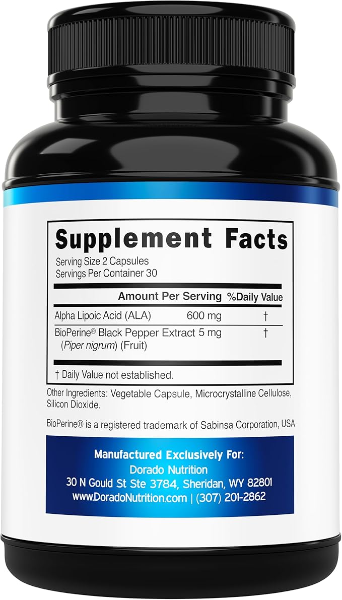Alpha Lipoic Acid 600mg per Serving 60 Capsules - Potent Antioxidant for Neuropathy and Cardiovascular Health (ALA Supplement) - Third Party Tested, Non-GMO, Gluten Free, Vegan & USA Made