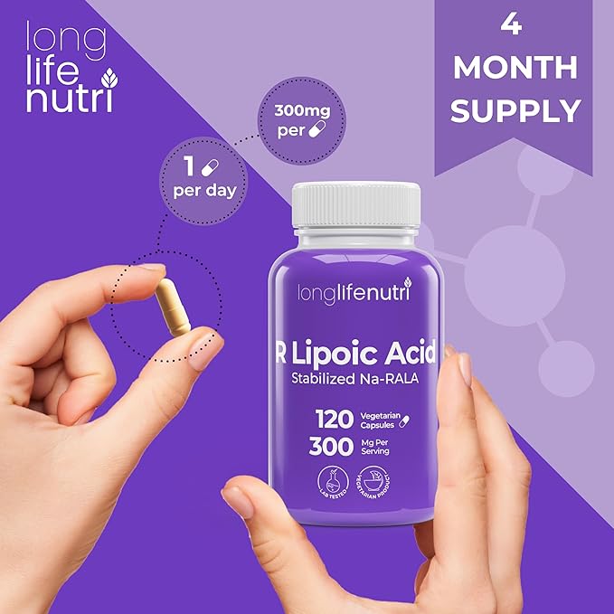 LongLifeNutri Stabilized R-Alpha Lipoic Acid 300mg – High Potency Na-RALA Supplement for Cellular Energy & Metabolic Function, 120 Vegetarian Capsules, 4-Month Supply, GMP Certified, Made in USA
