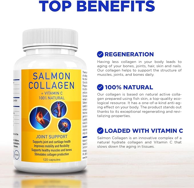 Salcoll Premium Marine Collagen Capsules, 120 Count, Fish Collagen Supplement for Joint Support, Skin, Hair & Nails