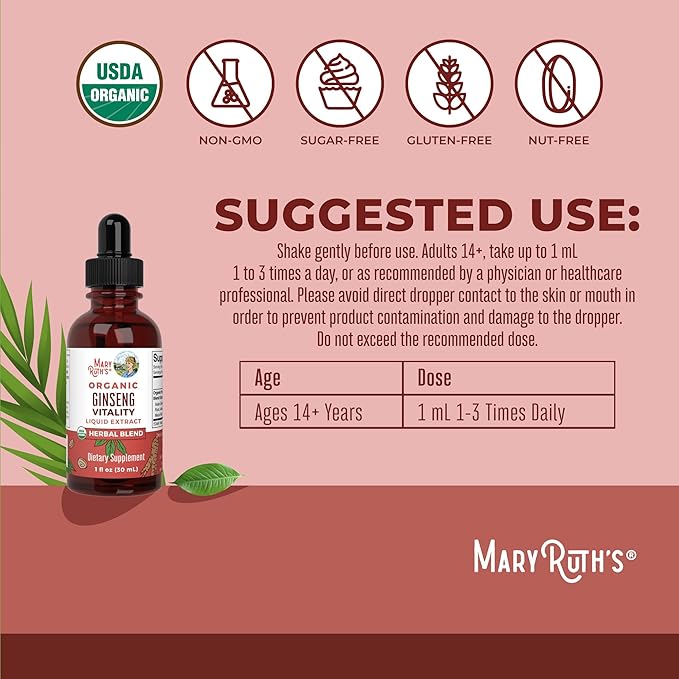 MARYRUTH'S Organics Herbal Supplement for Brain Function | Boost Energy | Memory | Vitality USDA | Ginseng with Ashwagandha | Eleuthero and Maca Root Extract | 1 Fl Oz