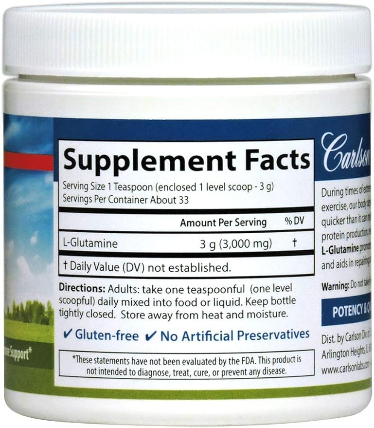 Carlson - L-Glutamine Powder, Free-Form Amino Acid, 3 g, Muscle Tissue Production & Function, Immune Support, 3.53 oz (100 g)