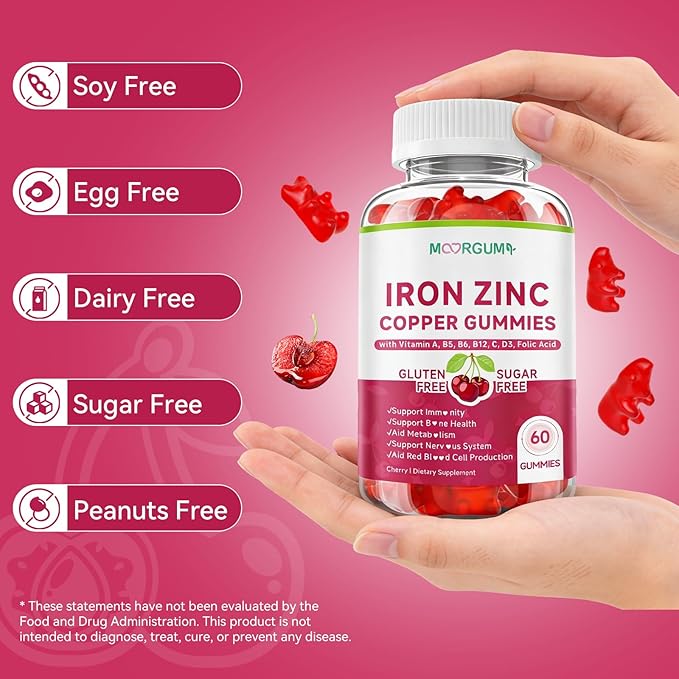Iron, Zinc, Copper Supplements for Women & Men, Mineral Gummies with Vitamin A, B5, B6, C, D3, B12 for Adults & Kids, Promote Energy, Support Immunity, Bone Health, Sugar Free, Cherry Flavor, 60 Count