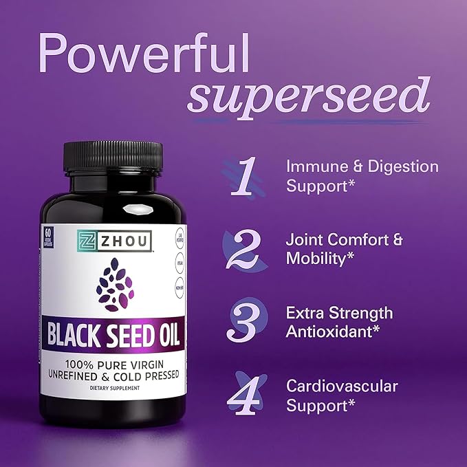 ZHOU Black Seed Oil & Capsules - Black Cumin Seed Oil Cold Pressed, Pure Unrefined Nigella Sativa, Premium Supplement for Health, Hair & Skin - 8 fl oz Bottle & 60 Capsules