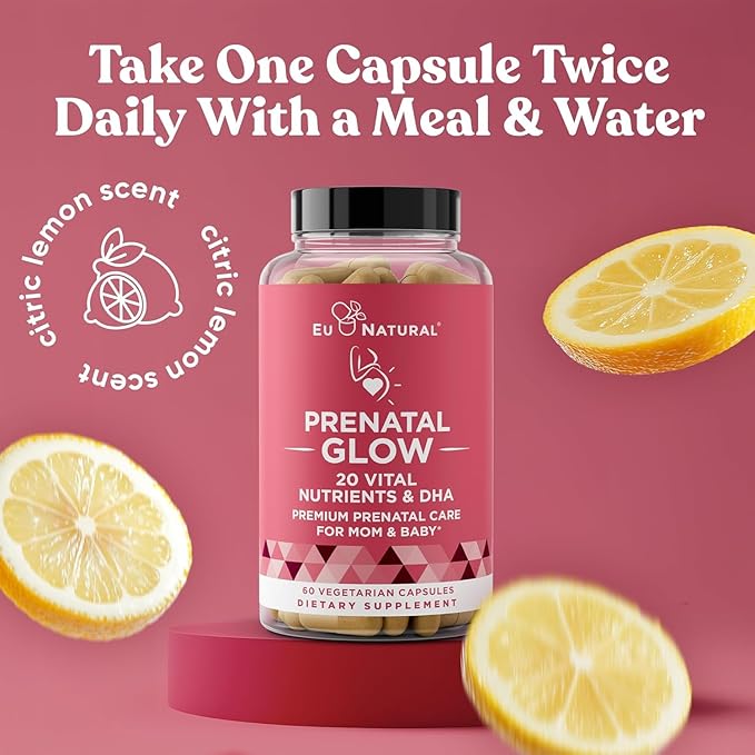 Eu Natural Glow Prenatal Vitamins for Women - 20-in-1 Prenatal Multivitamin with Folate & Vegan DHA - Supports Healthy Pregnancy, Fetal Development & Mom’s Comfort - 60 Vegetarian Capsules
