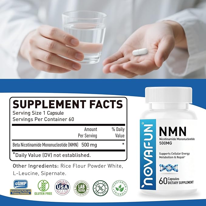 NMN Supplement 500mg - Beta Nicotinamide Mononucleotide Supplements to Boost NAD+ Levels & Cellular Energy, Supports Healthy Aging - 60 Vegan Capsule