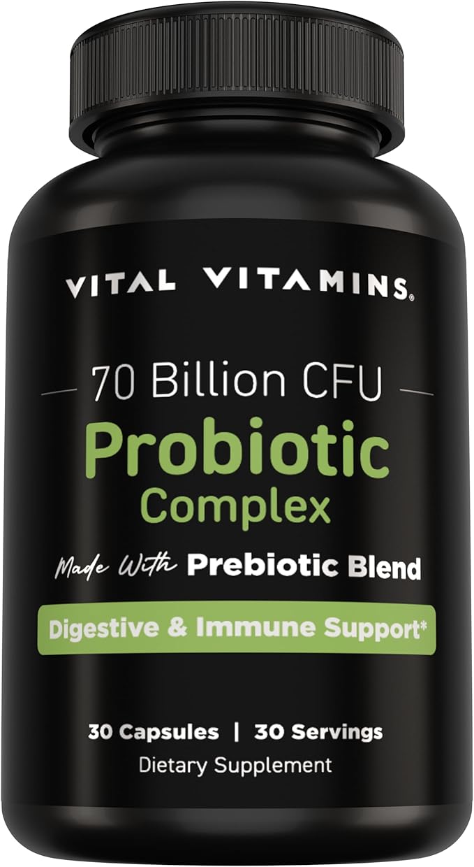 Vital Vitamins Probiotic Complex for Men & Women - 70 Billion CFU - Made with Prebiotic Blend - Digestive, Gut Health, & Immune Support - Powerful Blend of 10 Strains - 30 Capsules