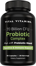 Vital Vitamins Probiotic Complex for Men & Women - 70 Billion CFU - Made with Prebiotic Blend - Digestive, Gut Health, & Immune Support - Powerful Blend of 10 Strains - 30 Capsules