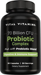Vital Vitamins Probiotic Complex for Men & Women - 70 Billion CFU - Made with Prebiotic Blend - Digestive, Gut Health, & Immune Support - Powerful Blend of 10 Strains - 30 Capsules