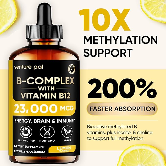 Venture Pal Vitamin B Complex Liquid Drops, B12 Methylcobalamin | B9 Folic | B1,B2,B3,B5,B6,B15 - Vitamin C, Choline, Inositol, Immune & Energy Metabolism, Brain & Heart Support