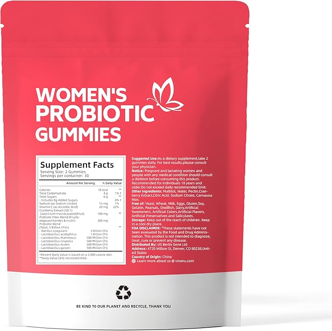VivoNu Vaginal Probiotics for Women, Feminine Balance pH Gummies for Healthy Odor, Yeast Balance & Flora + Vitamin C for Immune Support -Cranberry