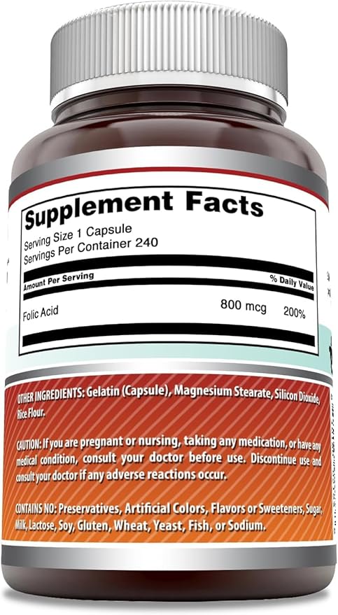 Amazing Formulas Folic Acid | 800 Mcg | 240 Capsules | Vitamin B9 Supplement | Non-GMO | Gluten Free | Made in USA (3 Pack)