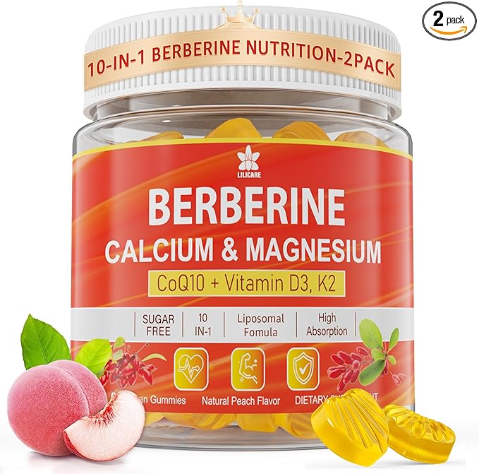 Berberine Supplement Gummies Sugar Free, Extra Absorption with Liposomal Berberine & Berberine HCI, Calcium, Magnesium, AMPK Activitor for Sugar & Level, Immune, Energy, Metabolism -Pack of 2