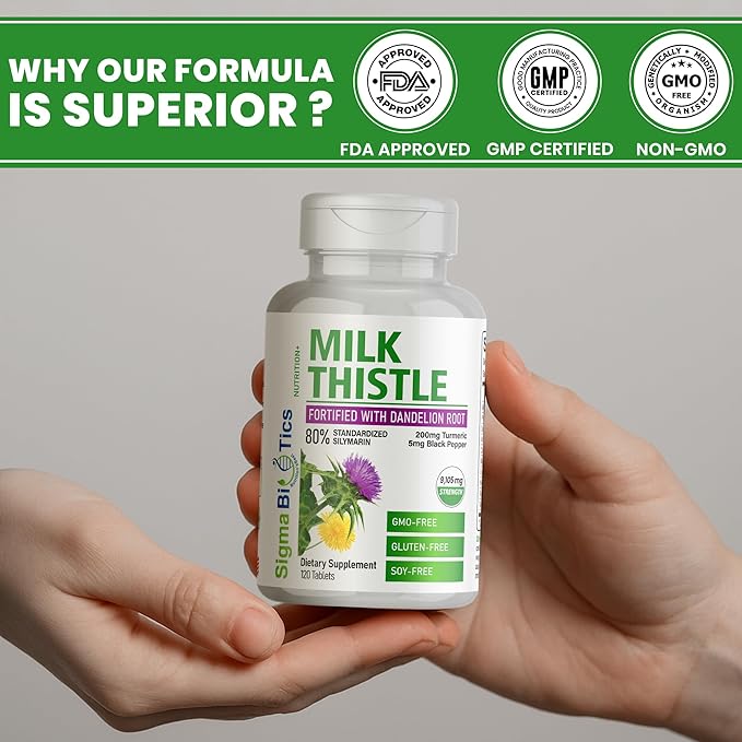 Milk Thistle Extract 9105mg – Fortified with Dandelion Root, Turmeric, Black Pepper, NAC, Choline & Taurine – 80% Standardized Silymarin for Liver Support – GMO-Free, Gluten-Free, Soy-Free 120 Tablets