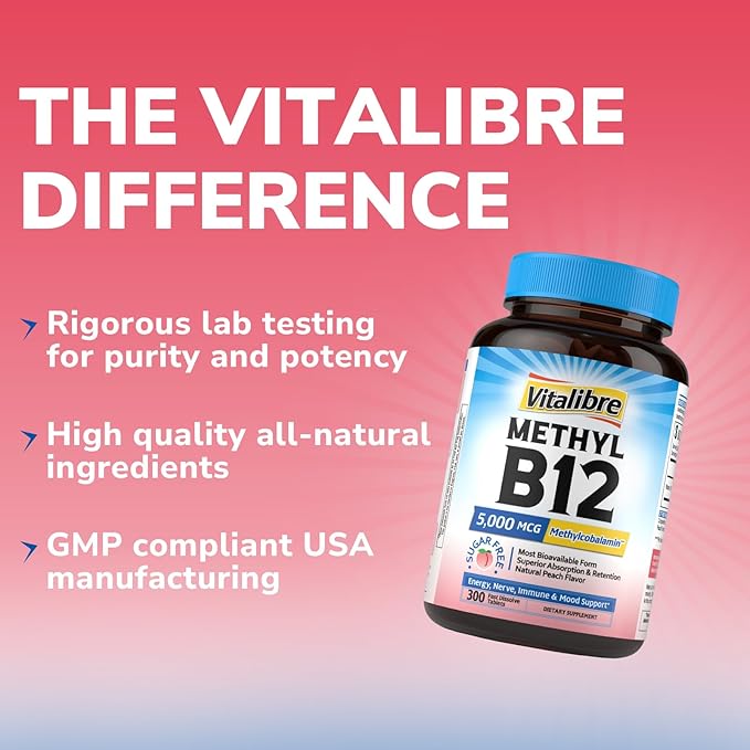 Vitamin B12 5000 mcg, Sublingual Methylcobalamin, Natural Peach Flavor, Nervous System Health, Energy Support, No Sugar, 300 Fast Dissolve Tablets