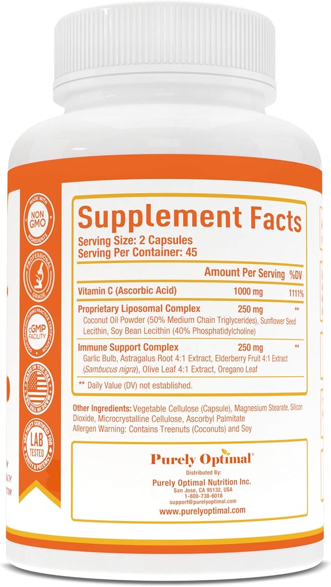 Purely Optimal Premium Liposomal Vitamin C Supplement - High Absorption, Fat Soluble Ascorbic Acid Vitamin C 1000mg for Immune Support - Collagen & Immune System Booster, Non-GMO, 90 Capsules