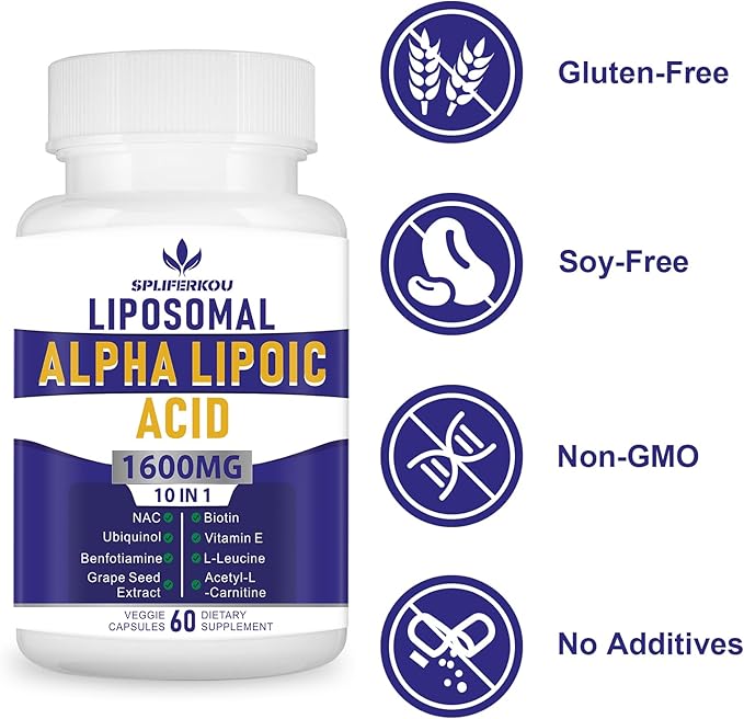 Liposomal Alpha Lipoic Acid 1600mg per Serving, ALA Supplement for Antioxidant Health,Energy and Metabolism, 60 Capsules