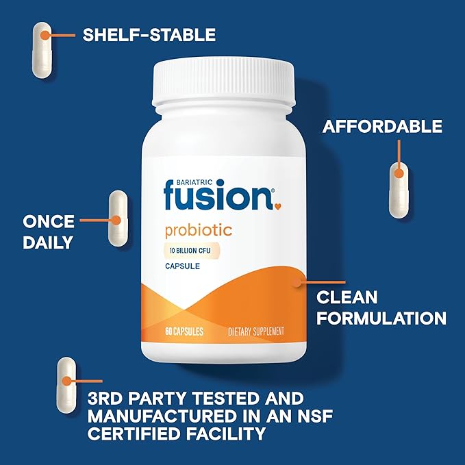 Bariatric Fusion Probiotic Capsule | Easy to Swallow Bariatric Vitamin | 10 Billion CFU | Bacillus Coagulans | Support Digestive & Immune Health | 60 Count