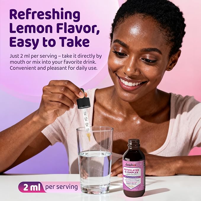 duwhot Women Methylated B-Complex Liquid Drops, Active B Vitamins B1 B2 B6 B9 (5-MTHF) & B12 1000 mcg, Vitamin C, Magnesium, Inositol, Choline & Herbal Blend for Energy, Stress Support, 2 Fl Oz