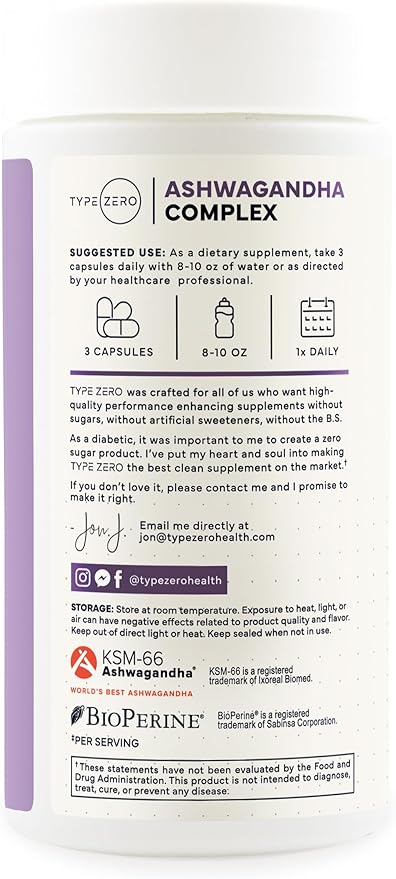 Type Zero KSM-66 Ashwagandha Root Extract 1,200mg, 60 Servings - High Potency 5% Withanolides - with Turmeric, Rhodiola Rosea and BioPerine Black Pepper Extract - 180 Veggie Caps