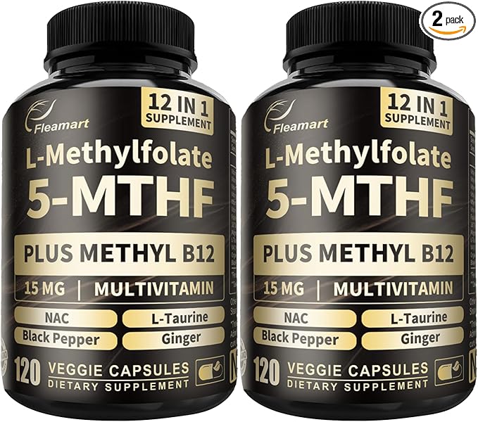 L Methylfolate 15mg Plus Methyl B12 Supplement Active 5-MTHF Form Made in USA, Third Party Tested (120 Vegan Capsules), 2 Packs