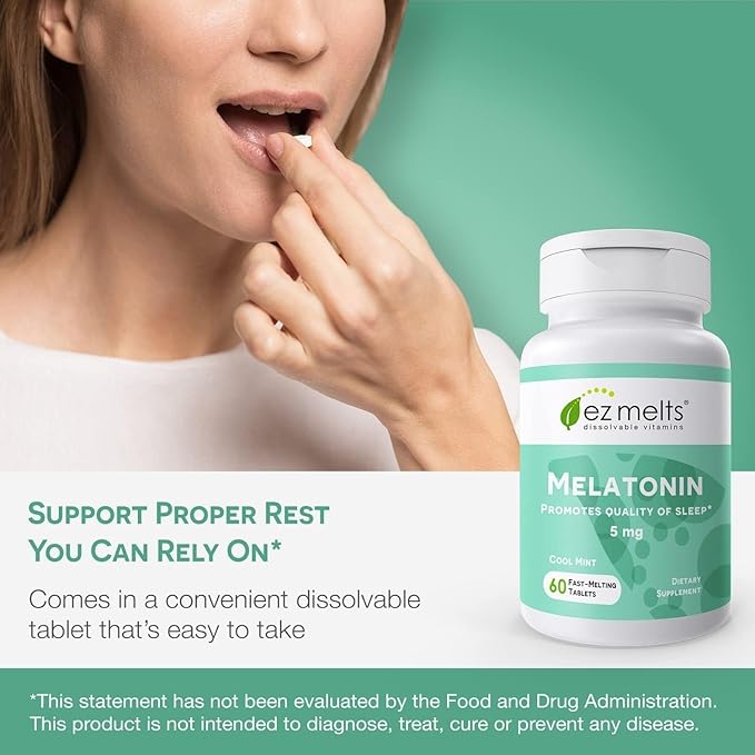 EZ Melts Melatonin - Sleep Support Supplement - No Artificial Flavors - Non-GMO & Sugar-Free - Cool Mint - 120 Dissolvable Tablets (120 Servings)
