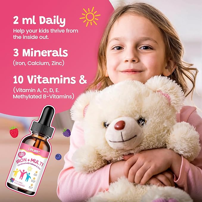Liquid Iron Supplement for Kids, Women & Men - with Calcium, Zinc, Kids Multivitamin with Iron Drops - Blood Builder & Energy Support for Iron Deficiency, Anemia, Mixed Berry Flavor 2 Fl Oz