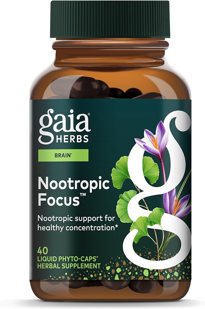 Gaia Herbs Nootropic Focus - Brain & Cognitive Support Supplement to Help Maintain Healthy Concentration* - with Saffron, Lemon Balm & Spearmint - 40 Liquid Phyto-Capsules (20 Servings)