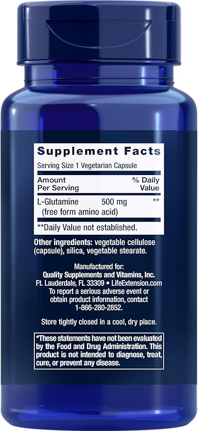 Life Extension L-Glutamine,500 mg L-glutamine,Amino Acid,Supports Muscle Health and Immune Health,Gluten-Free,Non-GMO,100 Vegetarian Capsules,(Pack of 2)