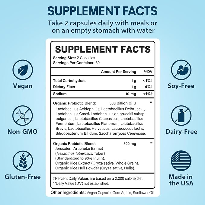 Probiotics for Women & Men, 300 Billion CFU Probiotics from 12 Strains + Organic Prebiotics Blend for Daily Digestive, Immune, Gut, Bloating, Gut Health for Women & Men, Shelf Stable - 60 Capsules
