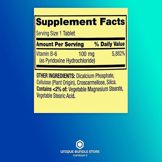 Vitamin B6 100mg – 250 Tablets, High Potency Vitamin B6 Supplement for Metabolism Support, B6 Vitamins for Men and Women, Gluten Free, Vegetarian Formula (Pack of 1)