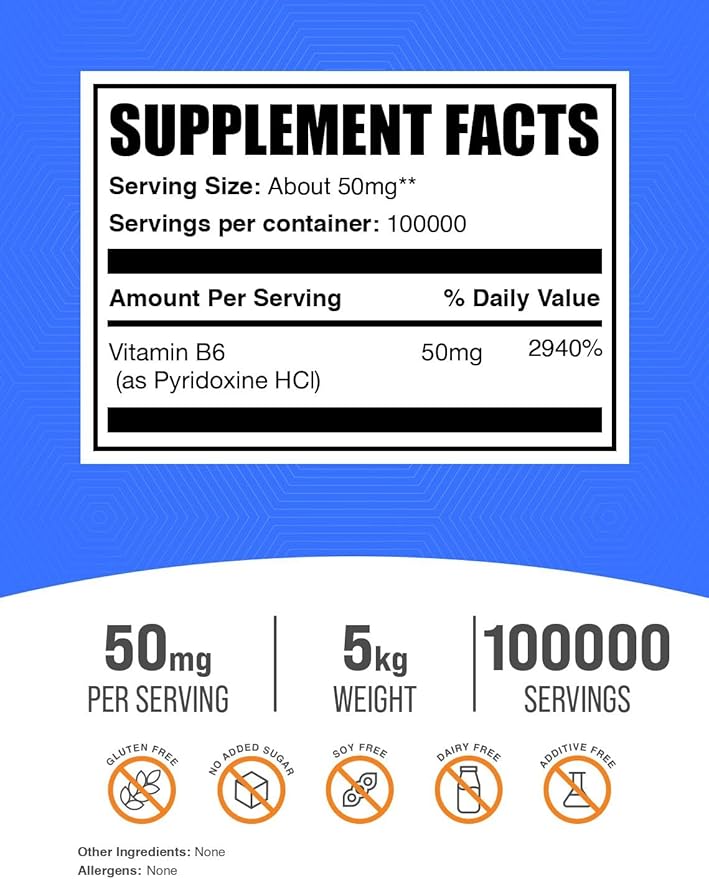 BulkSupplements.com Pyridoxine HCl Powder - Vitamin B6 Supplement, Vitamin B6 50mg - for Immune Support, Gluten Free, 50mg of Pyridoxine B6 per Serving, 5kg (11 lbs) (Pack of 5)