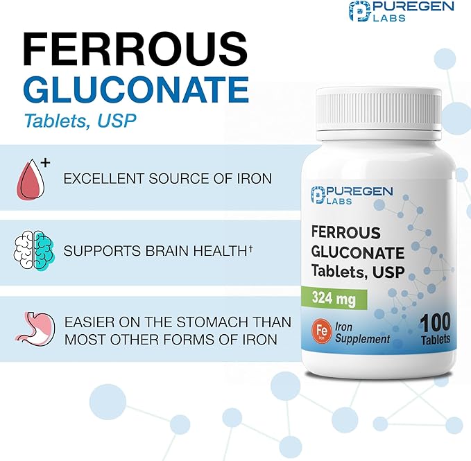 Puregen Labs Ferrous Gluconate 324 mg [High Potency] Iron Supplement, Gentle on Stomach | 3 Pack - 300 Tablets Total