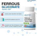 Puregen Labs Ferrous Gluconate 324 mg [High Potency] Iron Supplement, Gentle on Stomach | 3 Pack - 300 Tablets Total