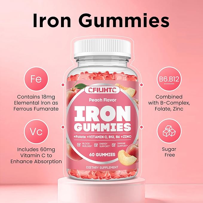 Iron Supplement for Women - Iron Gummies with Vitamin B6, B12, C, Zinc, Folate for Adults & Kids - Support Blood Builder, Iron Deficiency, Anemia, Energy Boost - Sugar Free 60ct Peach Flavor