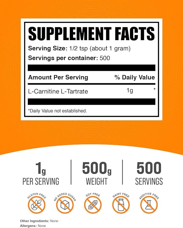 BulkSupplements.com L-Carnitine L-Tartrate Powder - Fat Burner For Men - Fat Burners For Women - Carnitine Supplement - Pre Workout Weight Loss - Weight Loss Powder (500 Grams - 1.1 lbs)