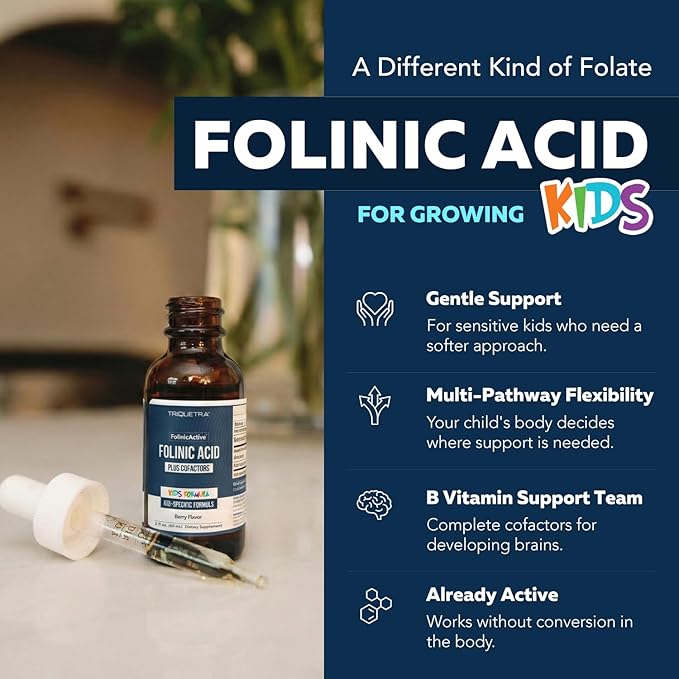 Organic FolinicActive Kids - Folinic Acid + B12, B6 & B2 Cofactors - Gentle Methylation Support for Mood, Energy & Cognition, Age Adjustable Dosing for Kids 1-18, Non GMO, Vegan, Berry Flavor (60mL)