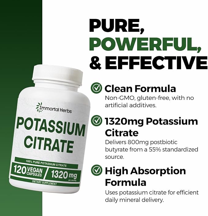 Potassium Citrate Supplement 1320mg, High Absorption Powder, 120 Vegan Capsules, Non-GMO & Gluten-Free Potassium Supplements for Women and Men