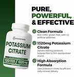 Potassium Citrate Supplement 1320mg, High Absorption Powder, 120 Vegan Capsules, Non-GMO & Gluten-Free Potassium Supplements for Women and Men