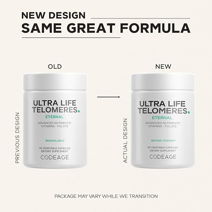 Codeage Ultra Life Telomeres Supplement - 5 MTHF Folate Vitamin B9, Vitamin B12 Methylcobalamin, Vitamin D3, L-Theanine, Ashwagandha - 3-Month Supply - DNA, Methylation Cycle - Non-GMO - 90 Capsules