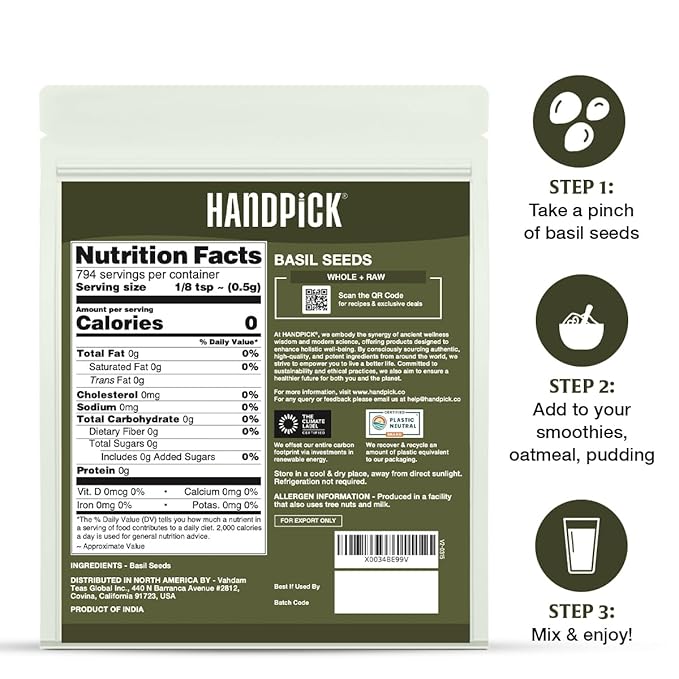 HANDPICK Holy Basil Seeds (397g/14oz) Gluten free, Raw Sabja, Tukmaria Seeds from India, Packed in Resealable Zip Lock Pouch