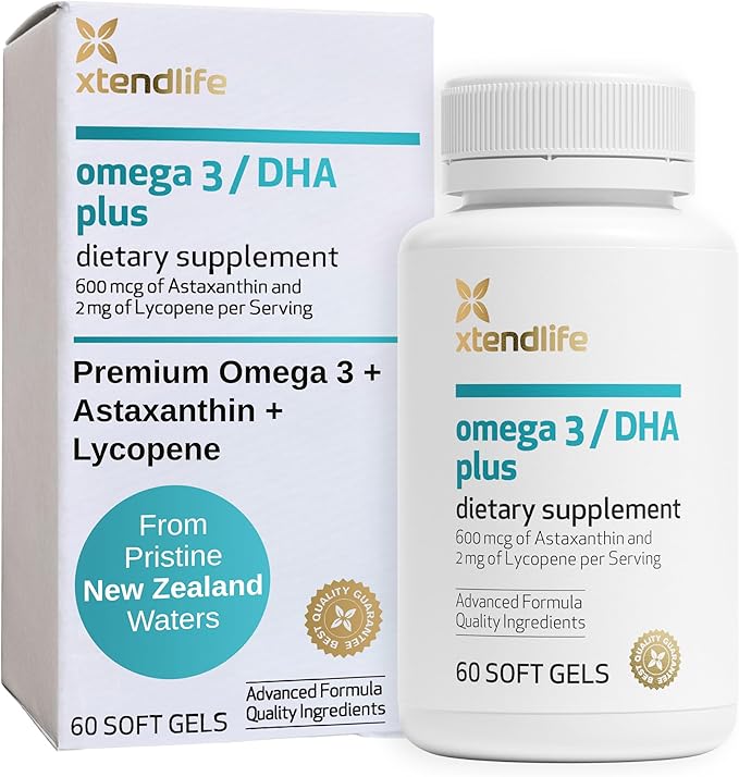 Xtendlife Omega 3 DHA Plus Fish Oil for Heart, Brain, Eye & Skin Health - 1100mg Omega-3 with DHA, EPA, Lycopene & Astaxanthin - 1 Month Supply (60 Count)
