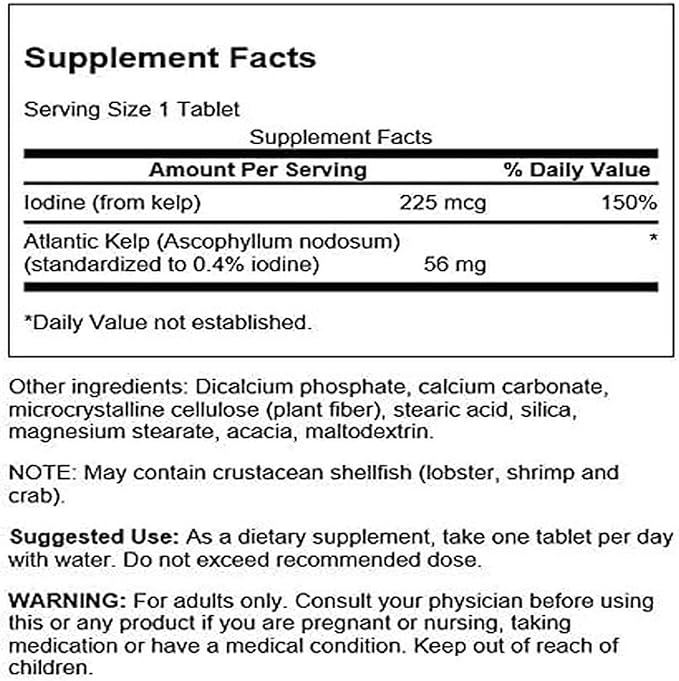 Swanson Premium Brand Kelp - Natural Iodine Source Supporting Thyroid Health - Mineral Supplement w/Iodine Source Standardized 0.4% - (250 Tablets, 225mcg Each)