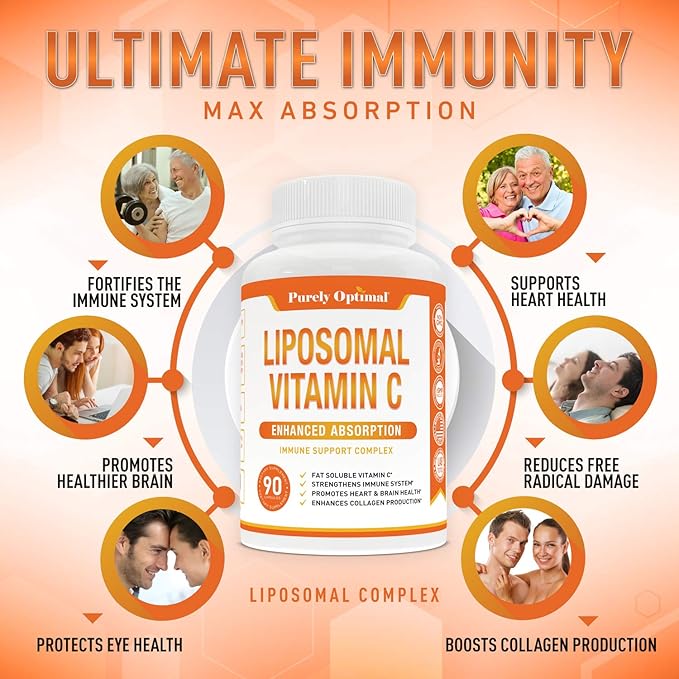 Purely Optimal Premium Liposomal Vitamin C Supplement - High Absorption, Fat Soluble Ascorbic Acid Vitamin C 1000mg for Immune Support - Collagen & Immune System Booster, Non-GMO, 90 Capsules