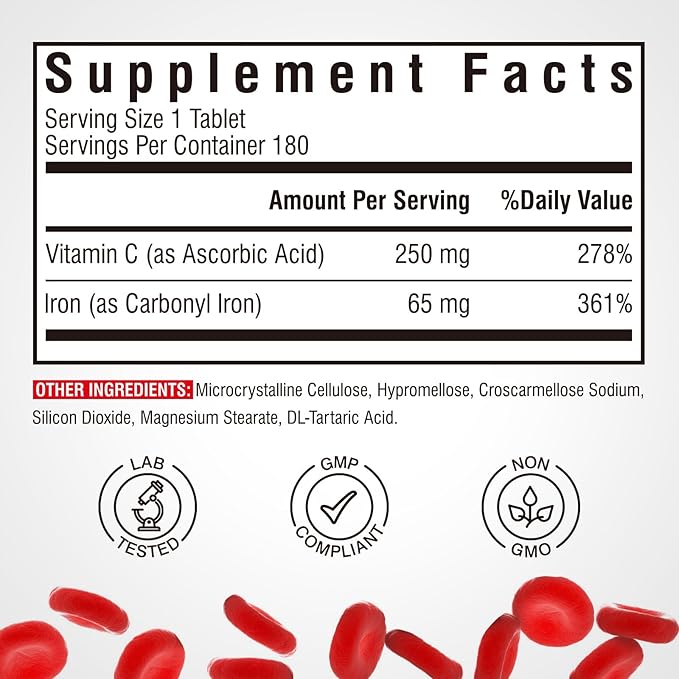 Iron Supplement, 65mg Carbonyl Iron with 250mg Vitamin C, Stomach Friendly Iron Pills for Blood Building Women & Men, High Absorption, No Nausea, No Constipation, Non-GMO, No Gluten, 180 Vegan Tabs