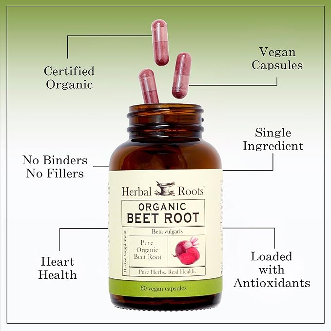 Herbal Roots Organic Beet Root Powder Capsules - 1,500mg per Serving - Certified USDA Organic - Non-GMO - 60 Count Vegan Capsules (Pack of 2)