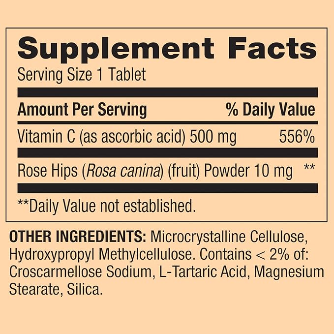 250 Count Vitamin C 500mg with Rose HIPS Tablets Dietary Supplement, Antioxidant Protection, 250 Tablets + Vitamin Guide Included