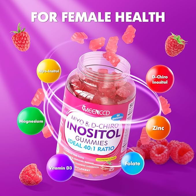 2 Pack Myo-Inositol & D-Chiro Inositol Gummies, 40:1 Ratio Inositol with Vitamin D3, Magnesium Glycinate, Folate & Zinc, Inositol Supplement for Female Health, Raspberry Flavor, 120 Count